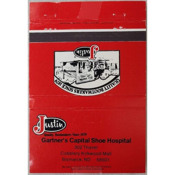 Justin Boots Other - Vintage Matchbook Cover Justin Boots Gartner’s Capital Shoe Hospital Bismarck ND